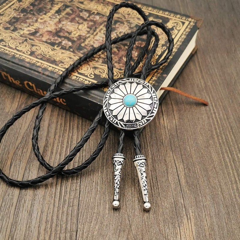 YOQUCOL Vintage American Western Cowboy Indian Art Stone Genunie Leather Bolo Tie For Men Women - Image 2